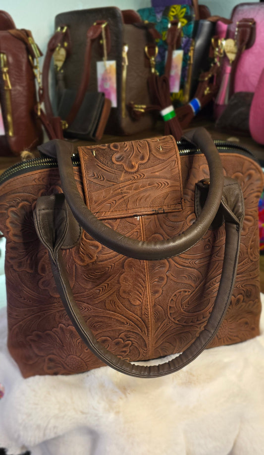 Brown Chiseled Handbag with Wallet