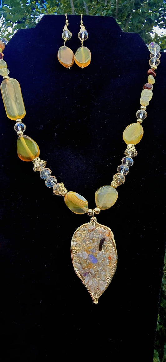 Natural Stone Leaf Pendant Sets