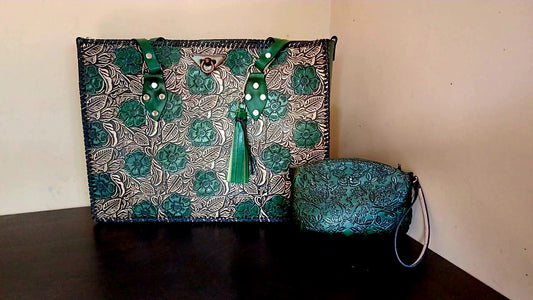 Large Western Hand tooled Leather Purse with Pouch