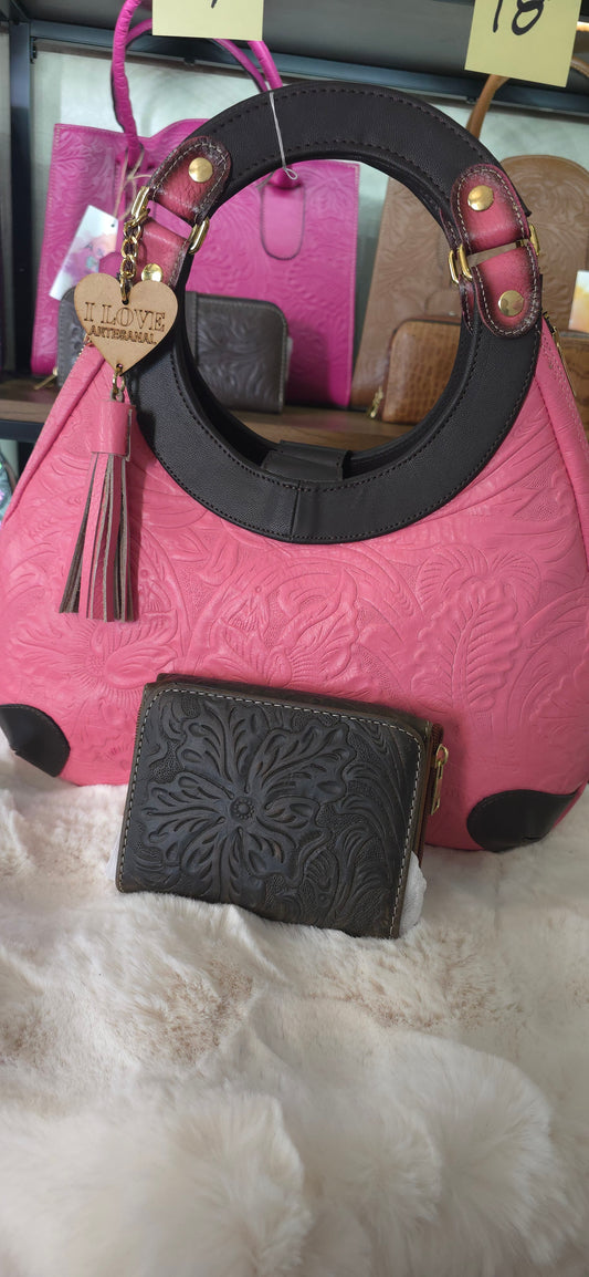 Pink Leather Handbag With Wallet