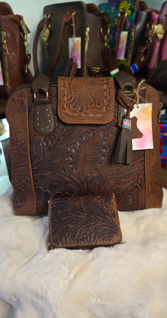 Brown Chiseled Handbag with Wallet
