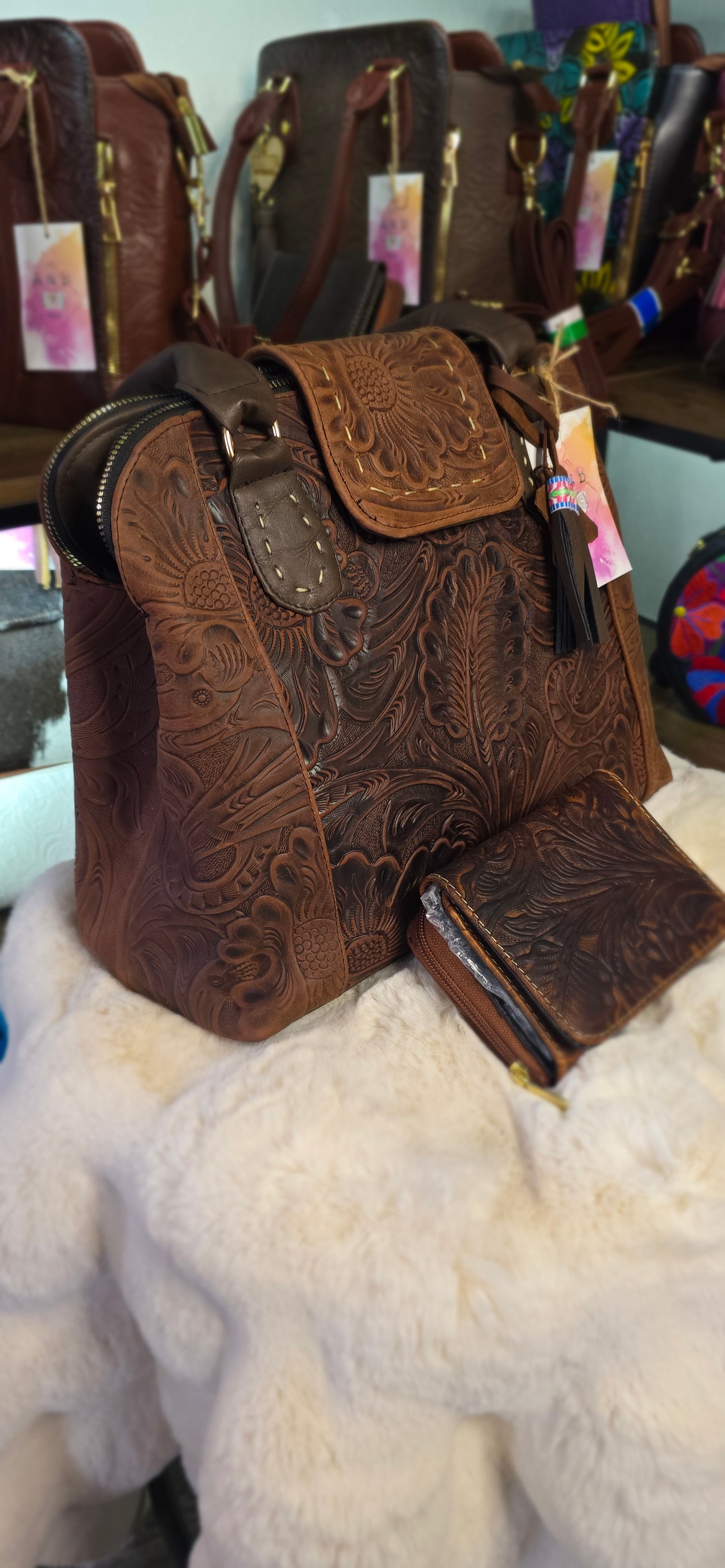 Brown Chiseled Handbag with Wallet